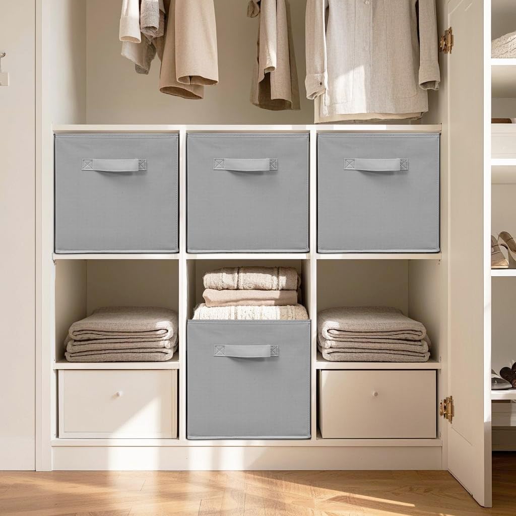 11 Inch Fabric Storage Cubes, Sturdy Foldable Storage Bins, Heavy Duty Cube Organizer for Clothes, Blankets, Shelves, Closets, Bedroom, Living Room, Gray, 7 Pack