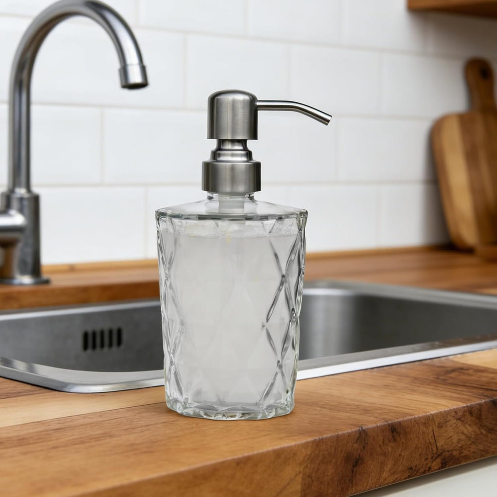 16 OZ Diamond Design Soap Dispense with 304 Rust Proof Stainless Steel Pump Glass Soap Dispenser Kitchen Soap Dispenser Bathroom