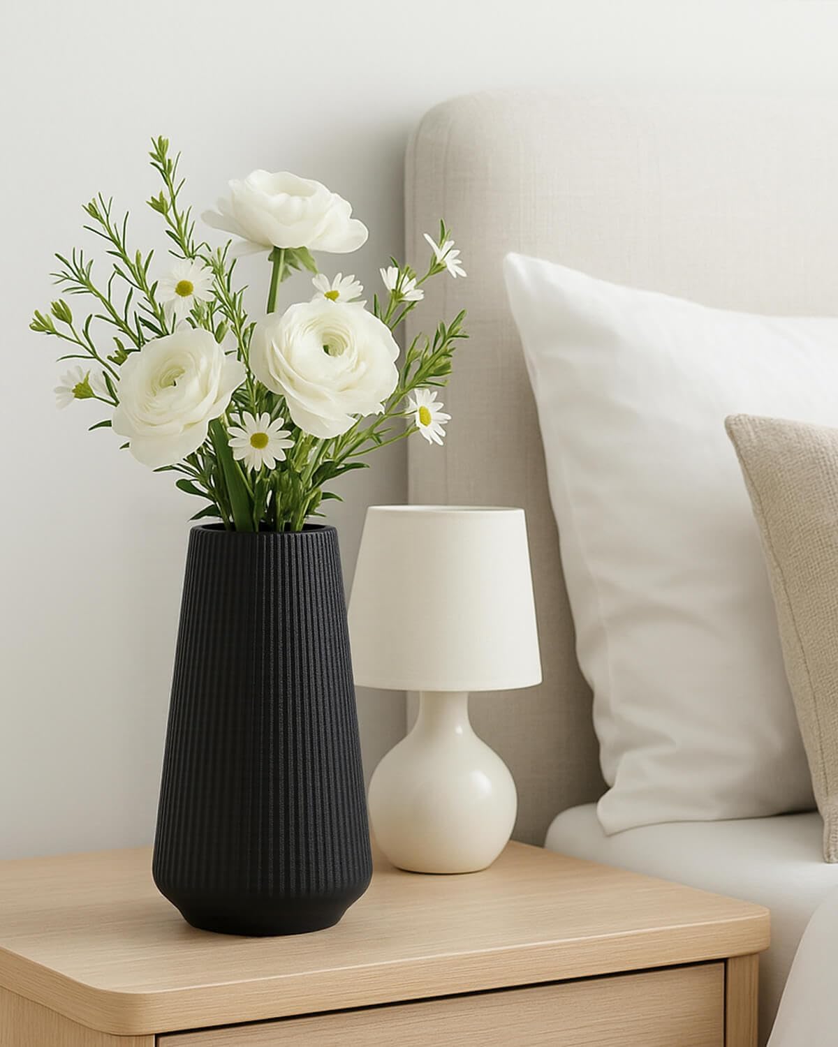 vensovo 8 Inch Glossy Black Ceramic Vase, Ribbed Narrow Neck Flower Vase