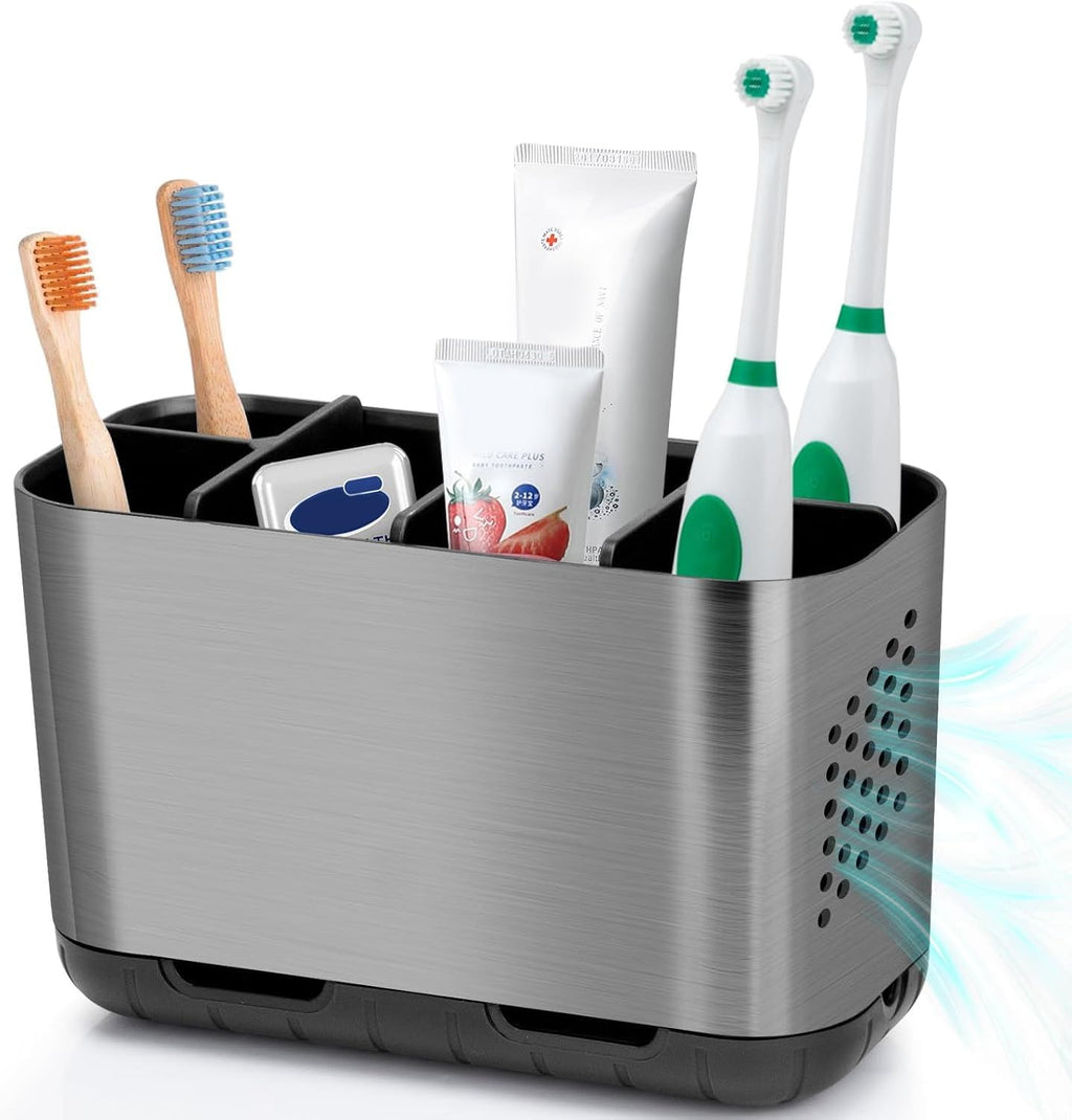 Boperzi Toothbrush and Toothpaste Holder Brushed Nickel Drainage for Bathroom Vanity, Large Electric Toothbrush Storage Caddy Anti-Slip Rustic with Adjustable Dividers for Family, Kids