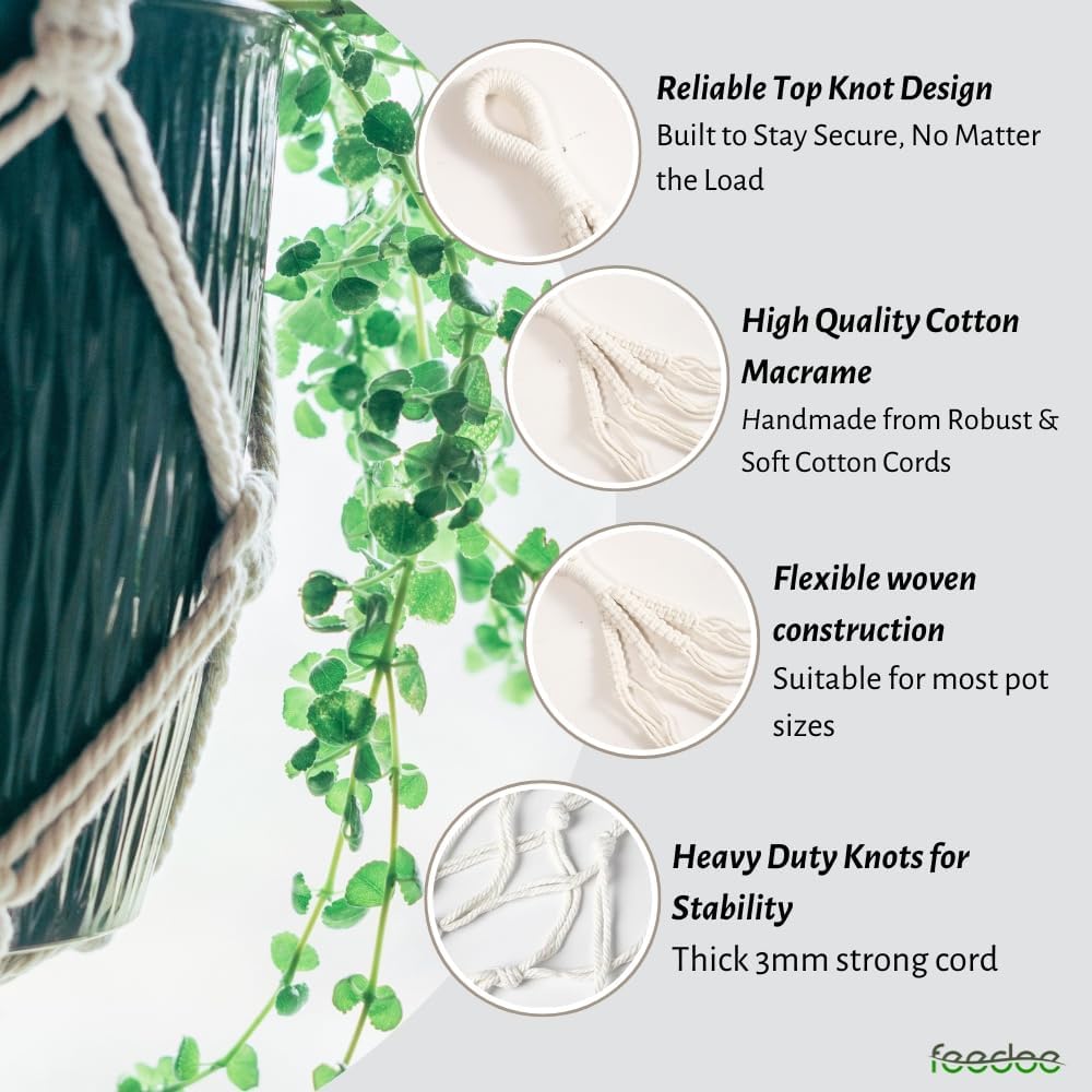 3 Pack Macrame Plant Hanger Indoor Hanging Planter for Plants Holder, Hanging Pot Holder Macrame Decorative Flower Pot Holder with 3 Hooks for Indoor Outdoor Boho Home Décor, Ivory (POTS NOT INCLUDED)