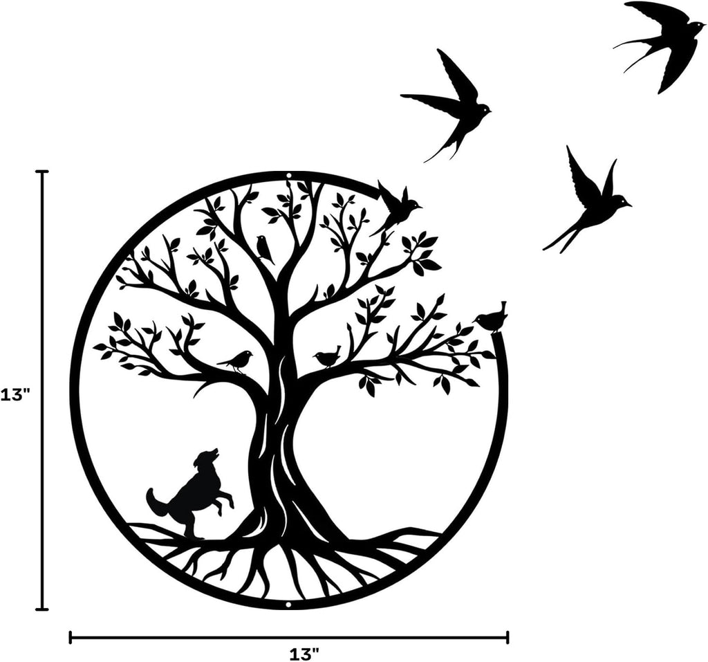 lyyochinn Tree of life metal wall art with 3 free flying birds wall decor,Outdoor Garden Porch Metal Birds Wall Hanging Sculpture for Father's Day Present or Housewarming Gift(13inch)