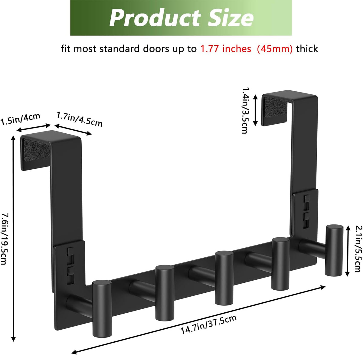 Stainless Steel Over The Door Hooks Heavy Duty, Bathroom Towel Holder Door Mount Coat Rack Towel Rack for Bedroom, Doors Hangers Towel Hooks for Bathroom Dorm Essentials (1 Pack,Black-5 Hooks)