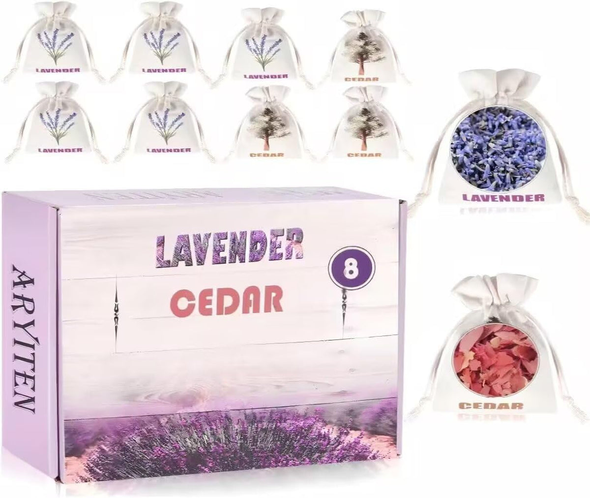 8 Pack Cedar Chips and Natural Dried Lavender Sachets Bags - Stop Clothes Damage, Cedar and Lavendar Home Fragrance Sachets for Drawers and Closets（3 Cedar & 5 Lavender