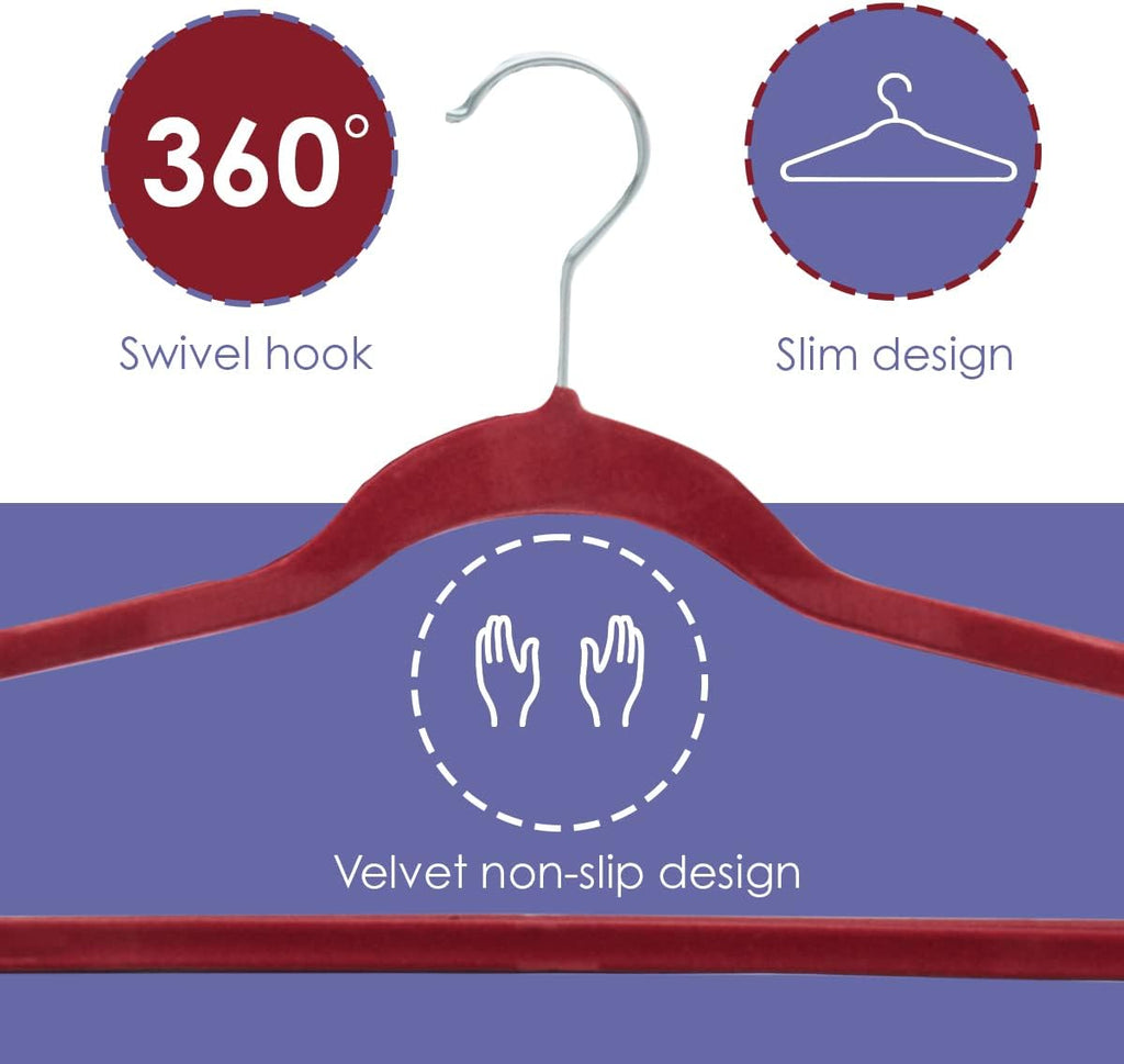 Velvet Clothes Hangers (Pack of 10), Burgundy, By Home Basics | Felt Hangers for Tops, Jackets, Dresses, and Pants | Contoured Hangers with Indents | Ultra-Thin Space Saving Clothes Hangers