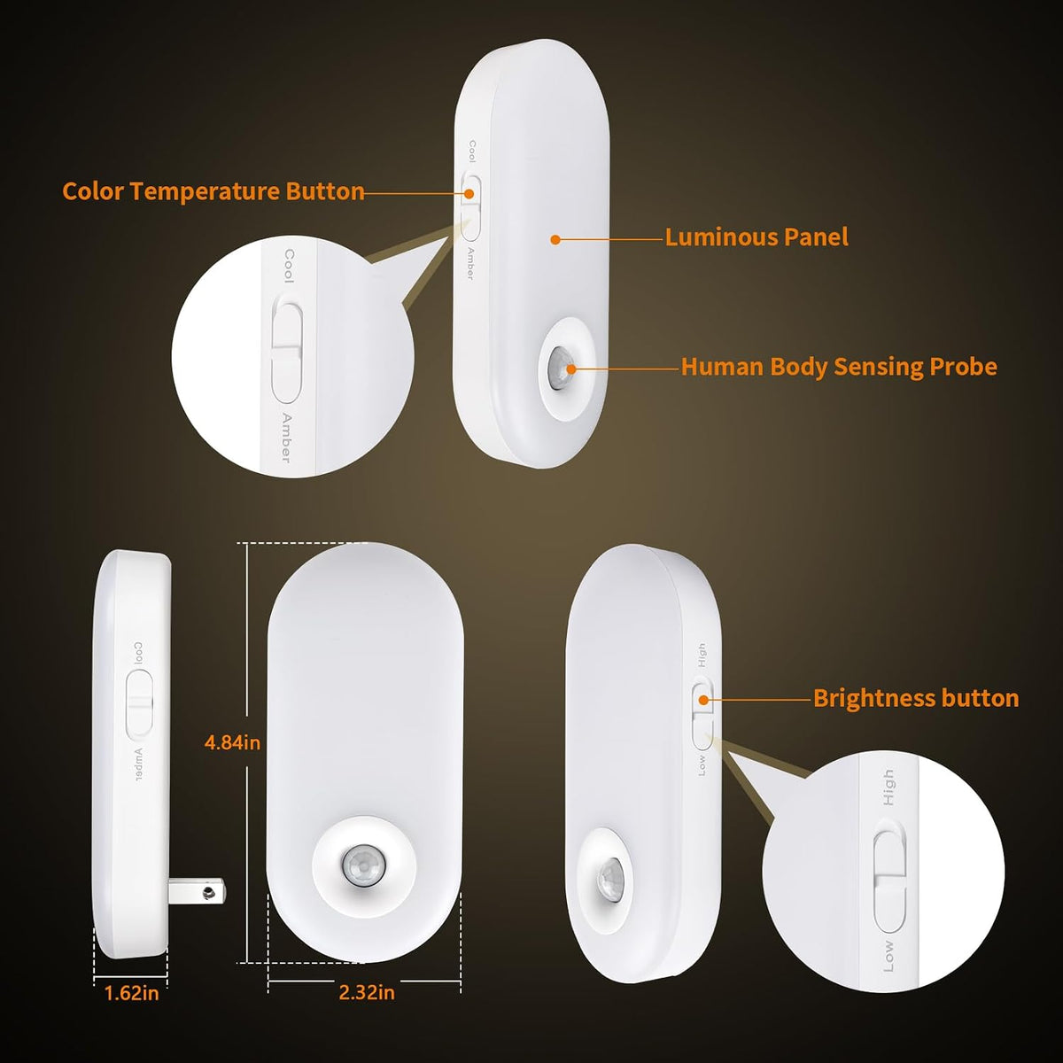 Dawnrise Bright Night Lights Plug into wall, Motion Sensor, CCT 2200K/4000K