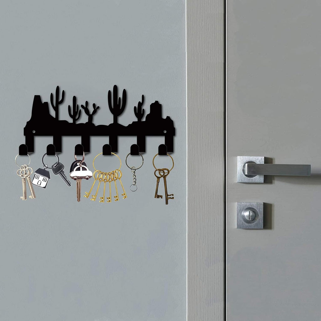 CREATCABIN Cactus Black Metal Wall Mounted Key Hooks Holder with 6 Hooks - Key Hanger Organizer Rack Wall Decor for Entryway Front Door Hallway 10.6x6.3Inch