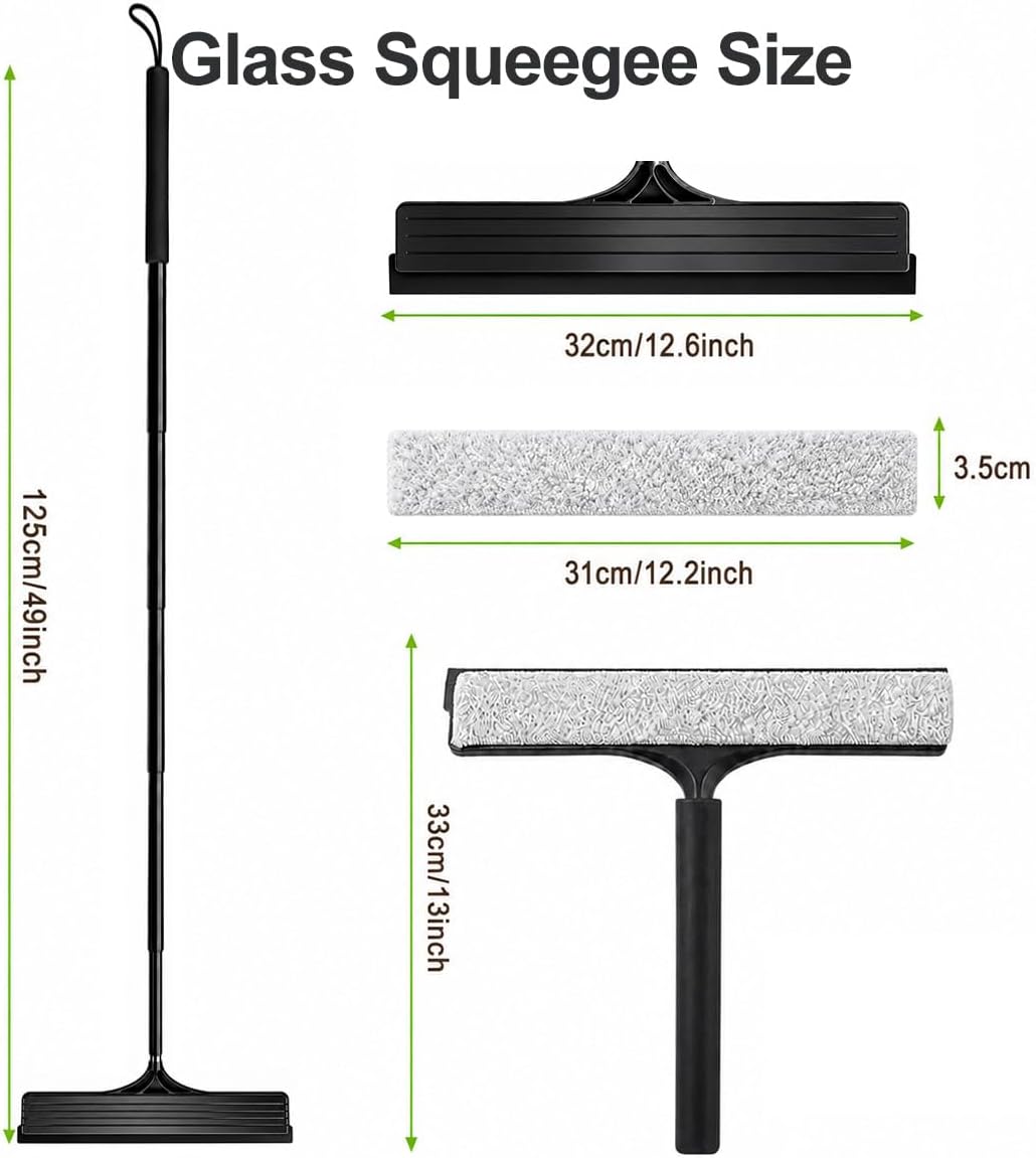 2 in 1 Window Squeegee with Adjustable Telescopic Pole, Shower Glass Squeegee for Indoor Outdoor Windows, Glass Doors, Shower Stalls, Car Windshield, Bathroom Tiles and Hard Floors