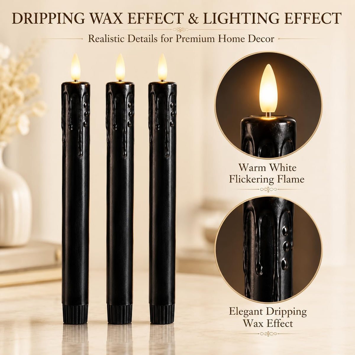Black Flameless Taper Candles, Halloween Indoor Party Decorations, Real Wax