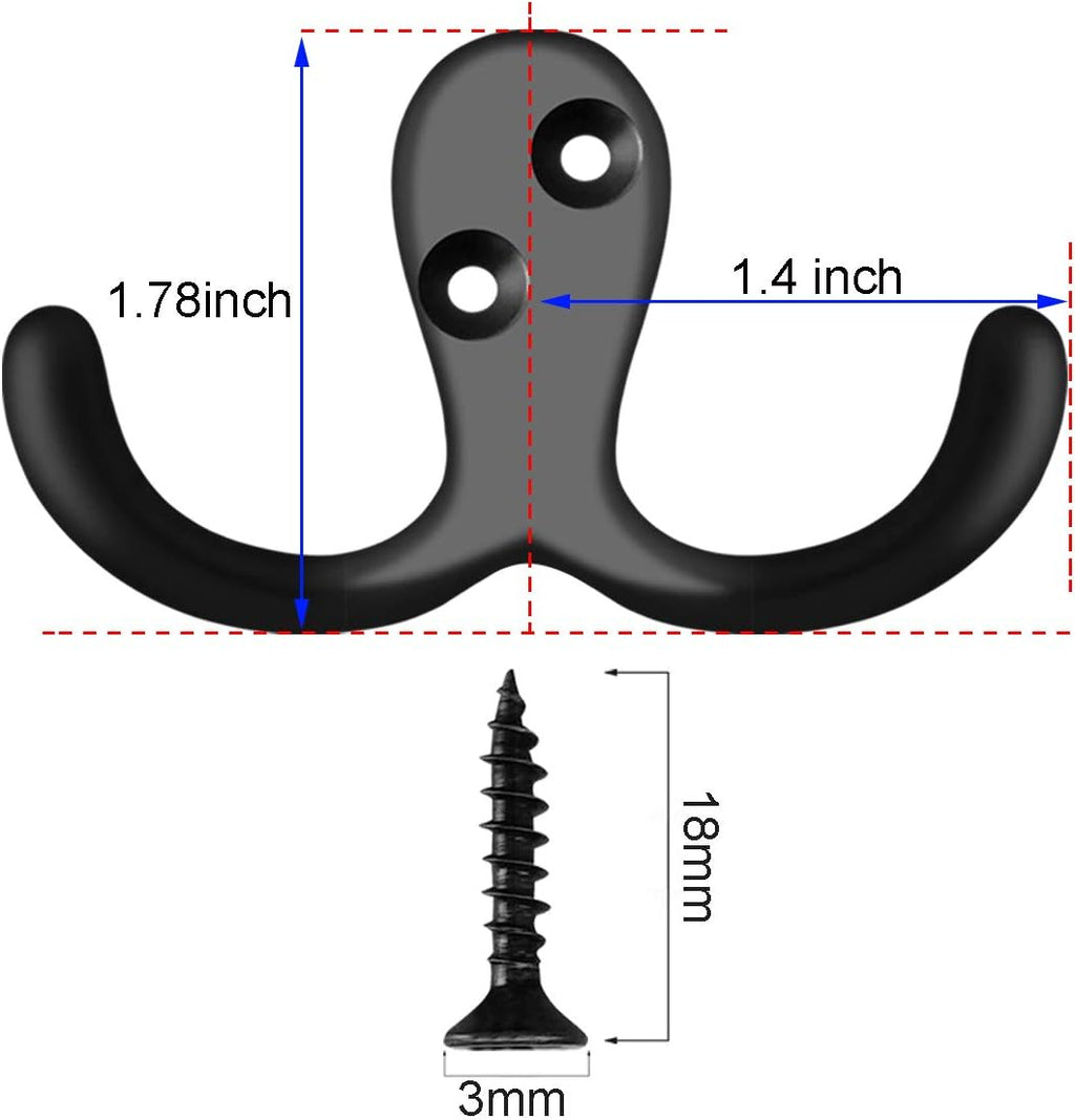 IBosins 8 Pack Black Double Prong Coat Hooks Wall Mounted with 16 Screws