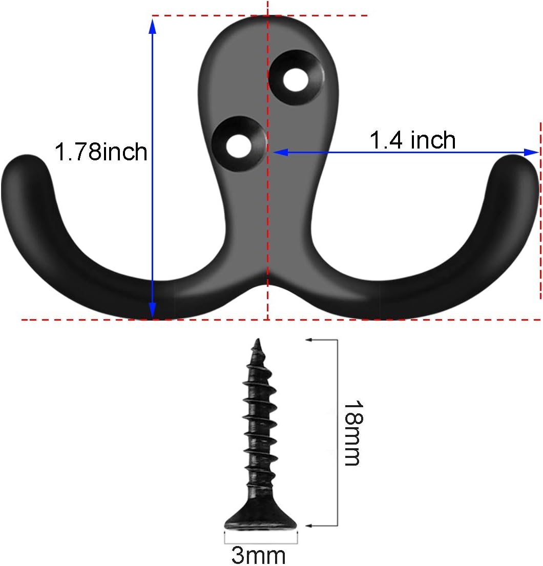 IBosins 8 Pack Black Double Prong Coat Hooks Wall Mounted with 16 Screws