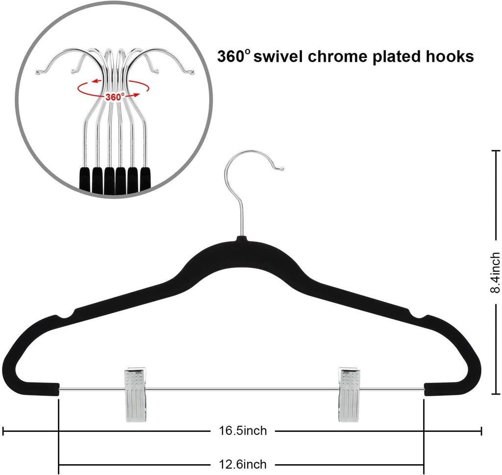 TIMMY 30 Pack Velvet Pants Hangers with Adjustable Clips, Black, Non-Slip