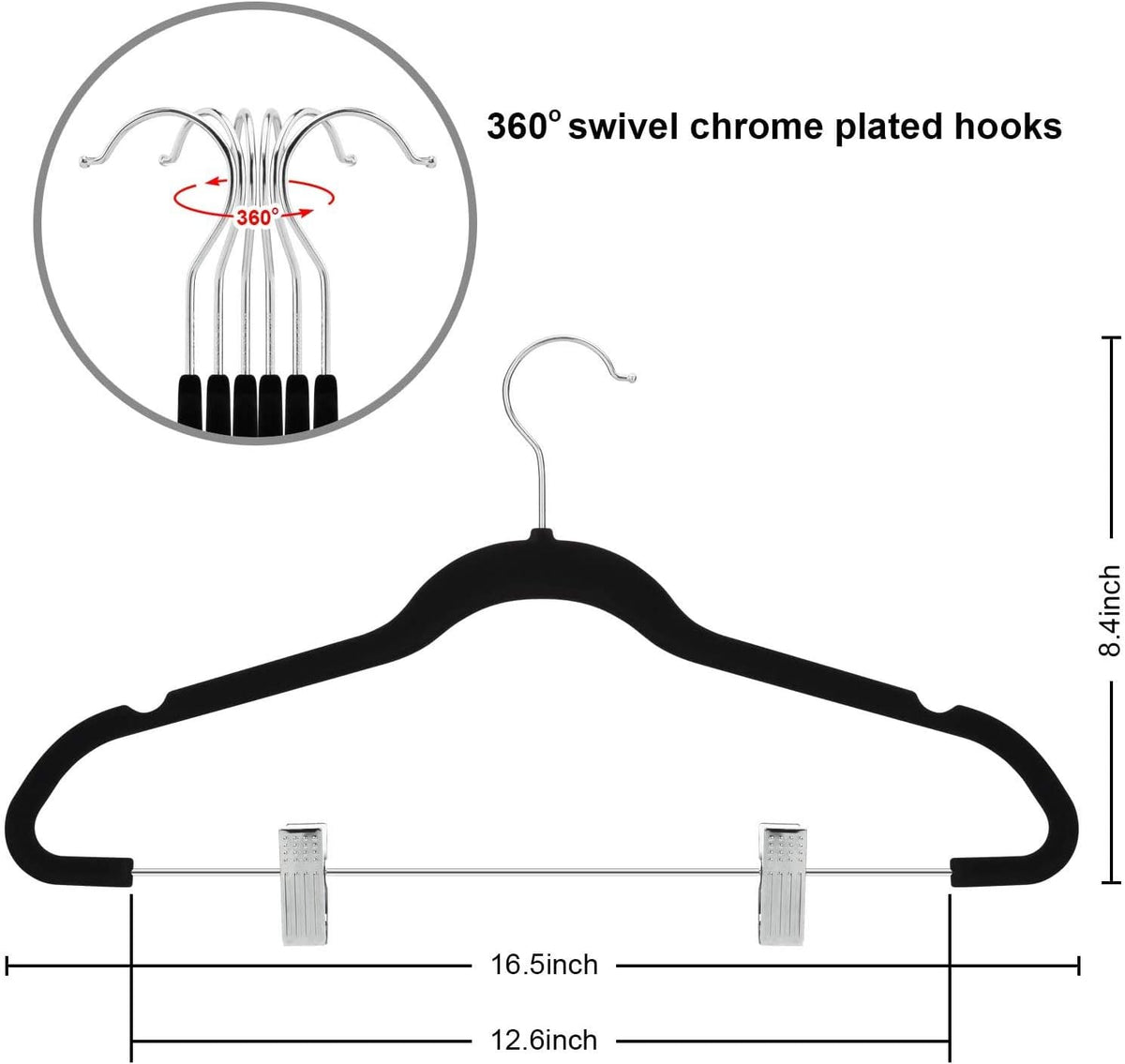 TIMMY 30 Pack Velvet Pants Hangers with Adjustable Clips, Black, Non-Slip