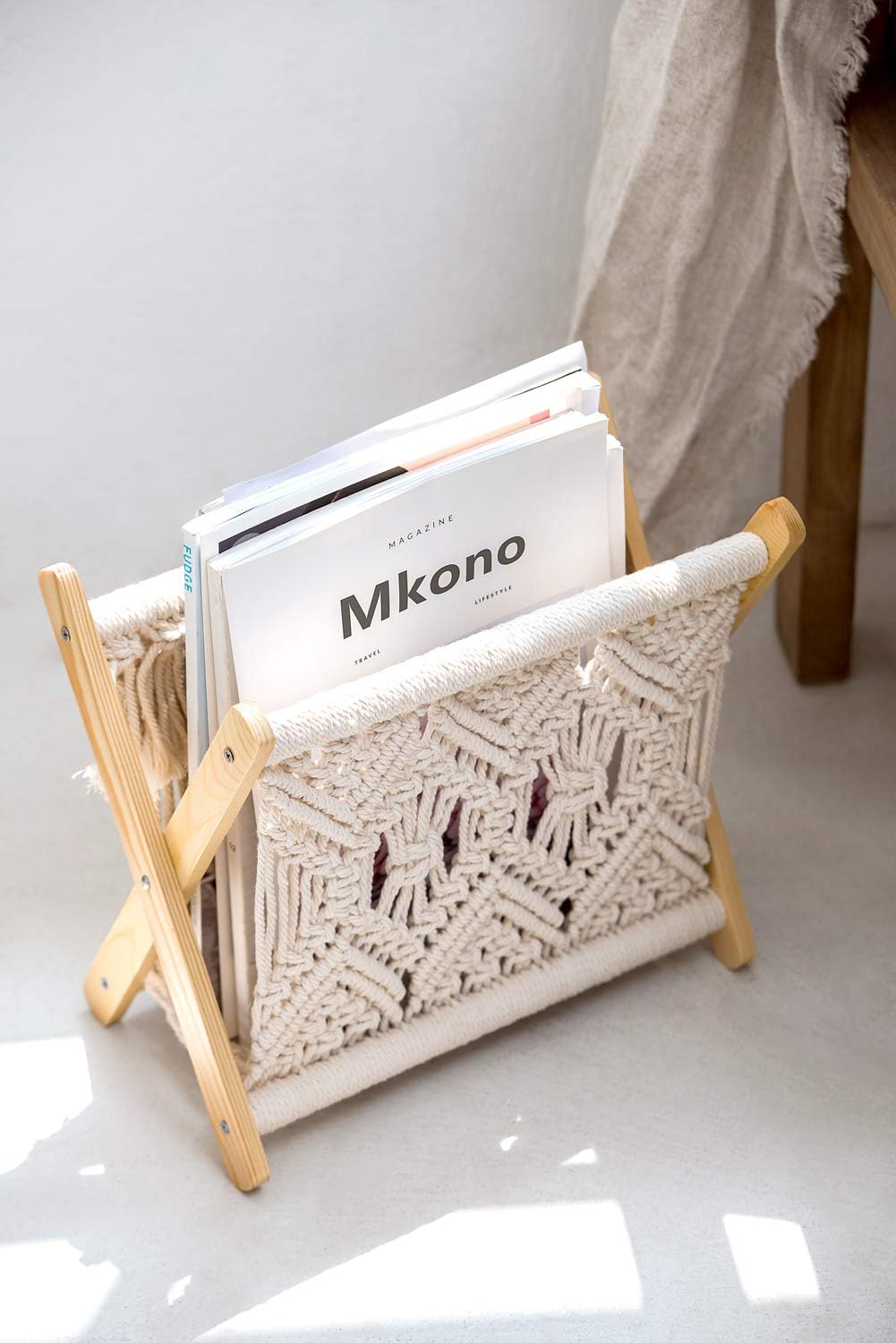 Mkono Macrame Magazine Holder, Boho Woven Book Rack Basket, 11.2"L x 7.5"W