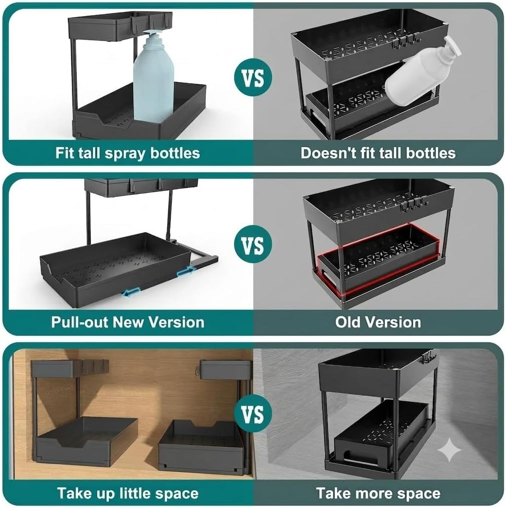 NATURE'S SOURCE 2 Pack Under Sink Organizer 2 Tier Sliding Cabinet Organizers Multi-Purpose Sink Storage Basket L-Shape Narrow Space Storage Shelves with 4 Hook for Kitchen Bathroom Drawer, Black