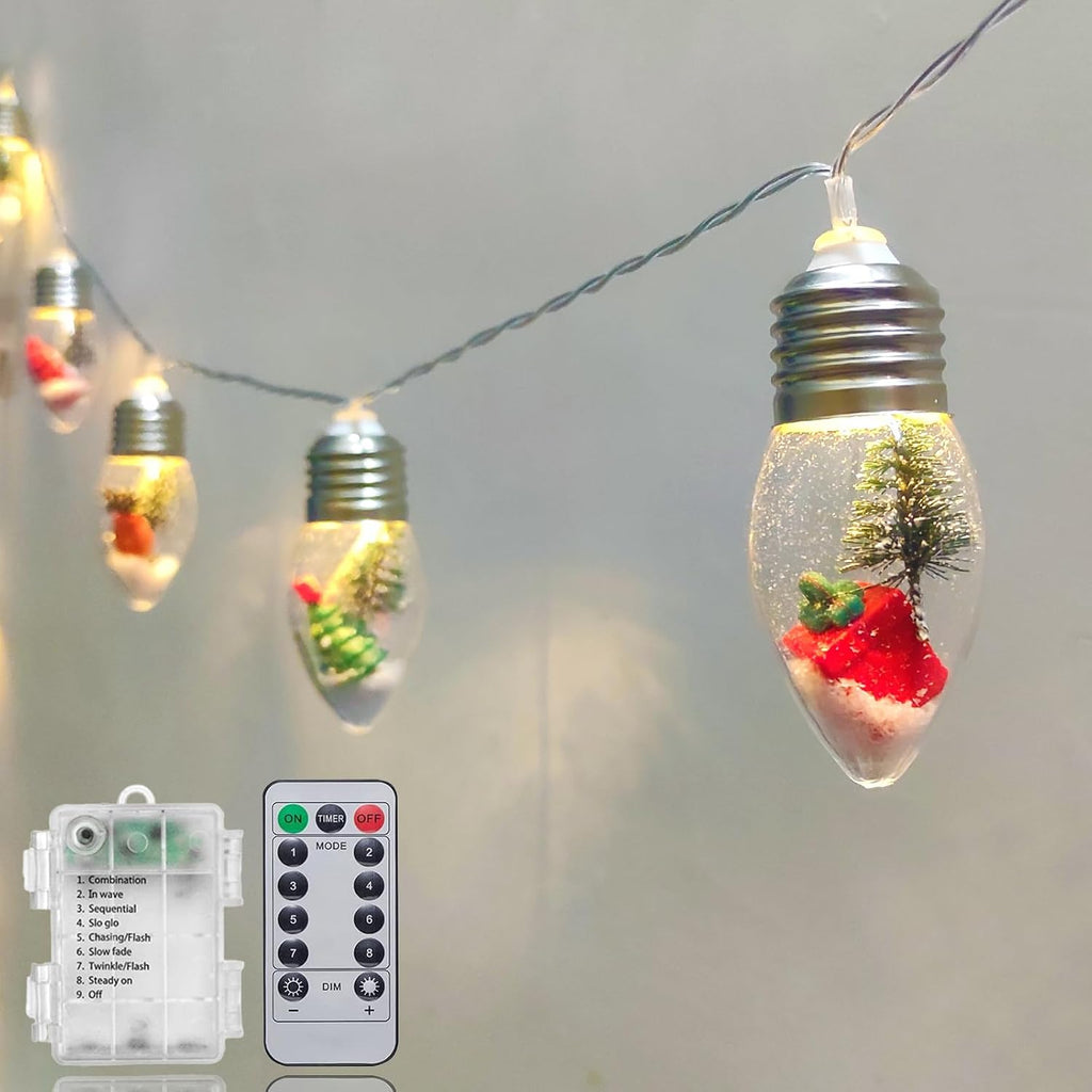 Christmas Lights 6.8Ft LED Christmas Tree Snow Globe Light 10 Shatterproof Edison Bulbs Battery Operated Light with Remote Timer, String Lights Indoor for Bedroom Porch Garden Party Xmas Decor