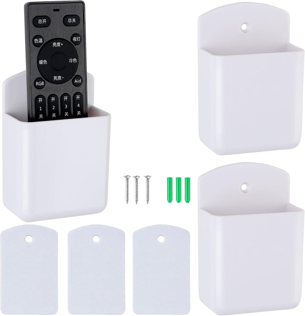 3 Pack Remote Control Holder Wall Mount, Adhesive Remote Holder with Screw Installation Storage Organizer for TV/Media/Air Conditioner Remotes For Home Office School White