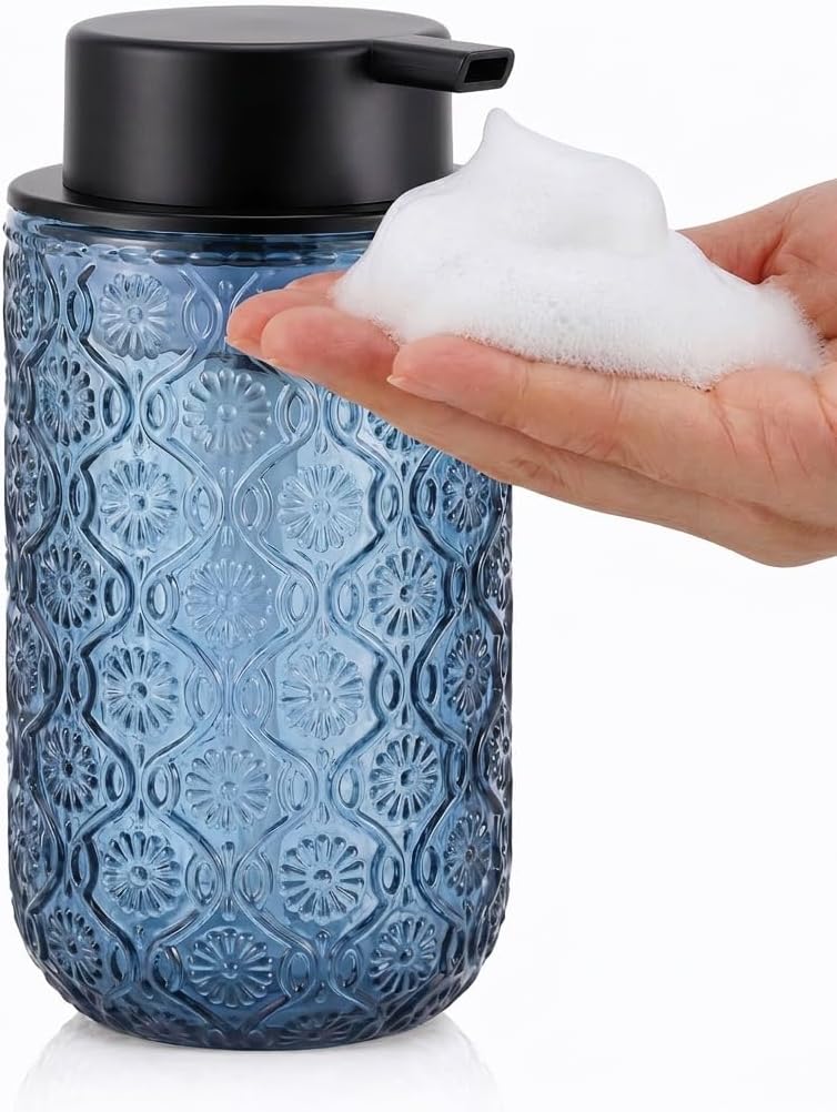 Blue Glass Foaming Soap Dispenser, 14 OZ Vintage Foam Hand Soap Dispenser