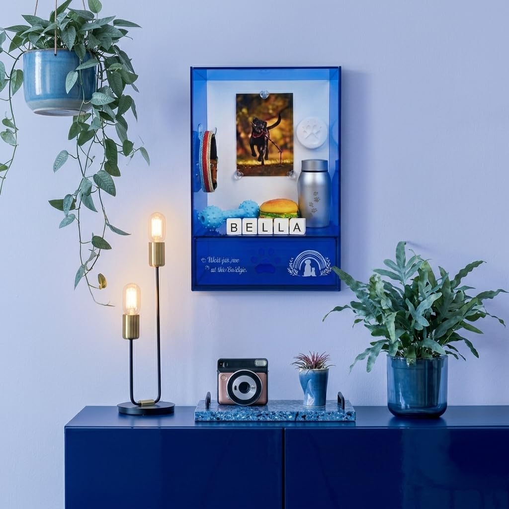 Pet Memorial Shadow Box, Modern Sapphire Blue Acrylic Memory Box for Dog & Cat Ashes, Keepsake Display Case for Photos, Collar & Paw Print, Pet Loss Sympathy Gift, 12.6 x 9.25x 4.7In