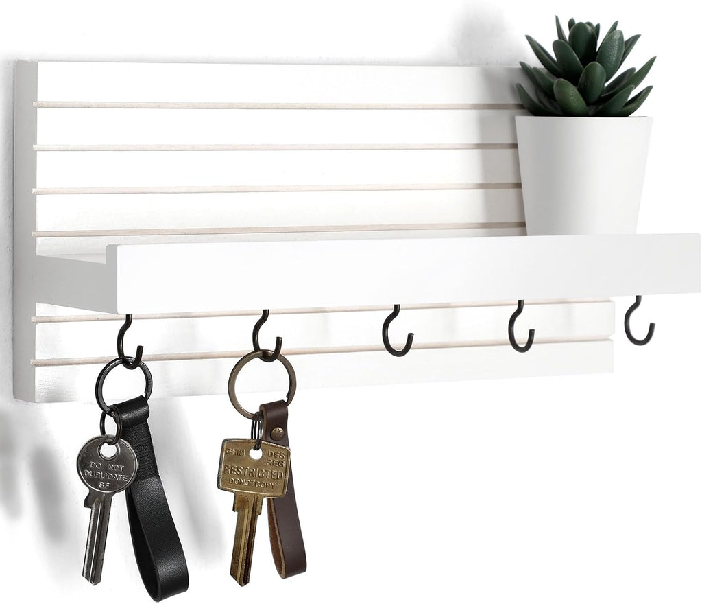 Lwenki Decorative Key Holder for Wall with Shelf, Entryway Shelf with Hooks Holds Leashes, Jackets and Glasses – Sturdy Wood Keyholder Entrance Hanger with Mounting Hardware (White, Medium)