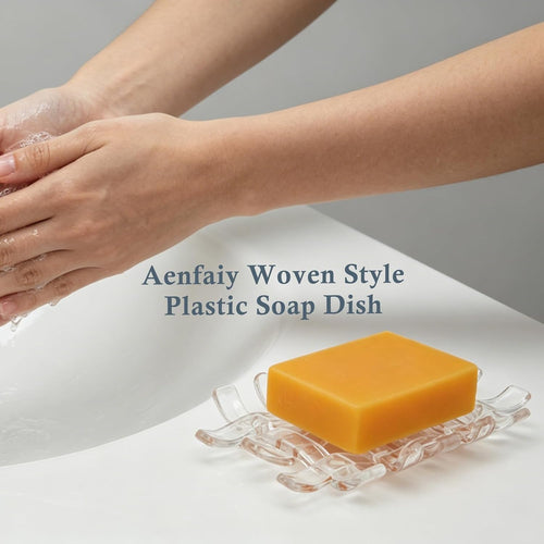 1 Pack Woven Design Self Draining Clear Soap Dish for Bathroom Sink, Double-Layer Shower Soap Holder with Removable Drip Tray for Kitchen Counter, Plastic Shower Soapdish for Bar Soap & Sponge