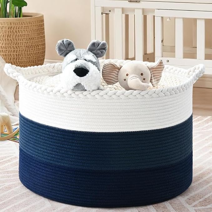 Large Woven Blanket Basket, 67L Cotton Rope Laundry Basket