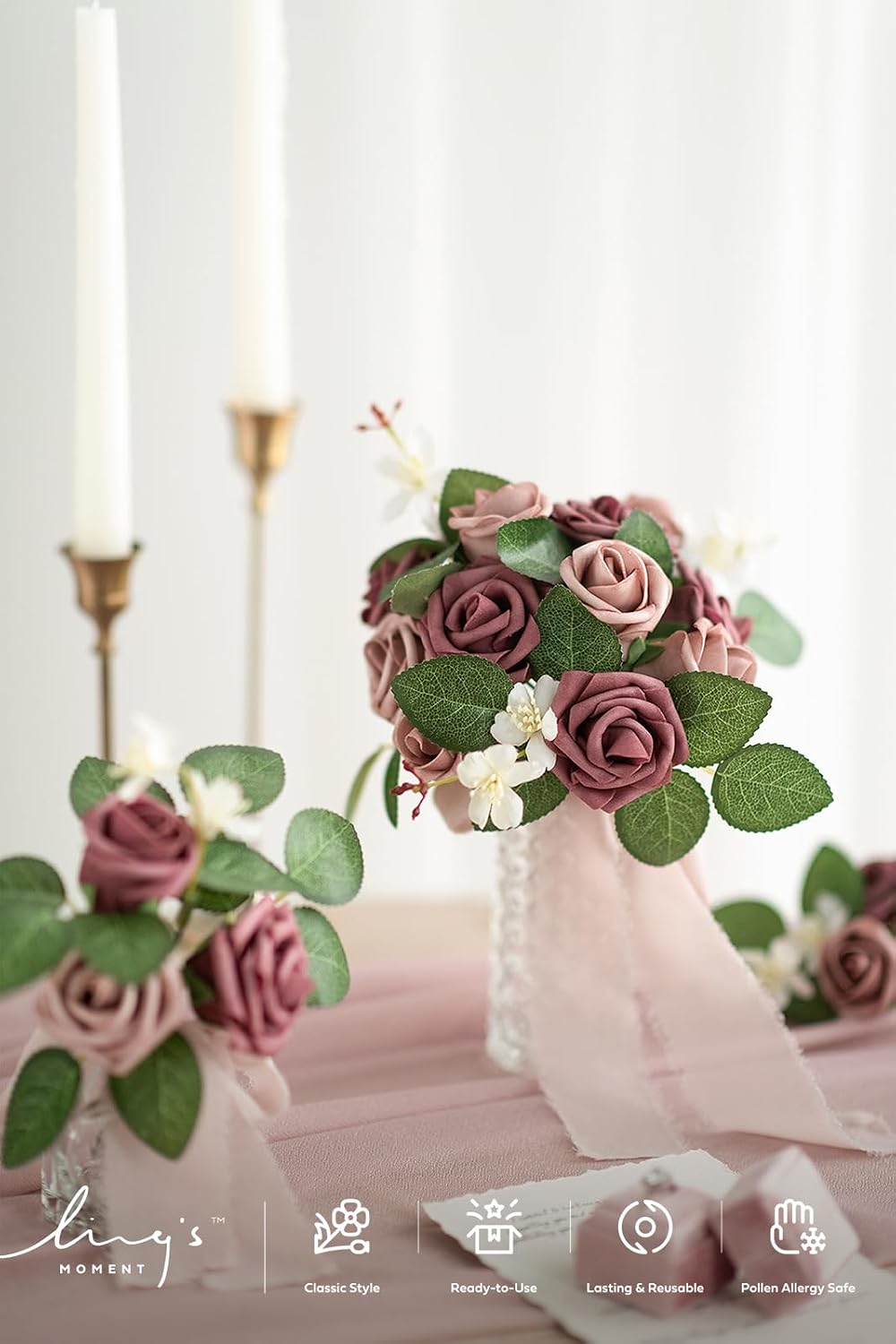 Ling's moment Artificial Wedding Flowers 1.5" Rose Buds and 2" Petite Roses 25pcs Dusty Rose & Mauve w/Stem for DIY Wedding Boutonniere Wrist Corsages Bouquets Centerpieces Arrangements