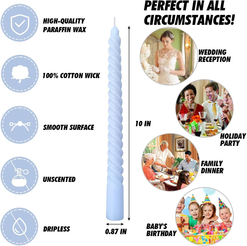 6 Pack 10 Inch Baby-Blue Spiral Taper Candles for Hanukkah and Winter Home Decoration, Unscented Dripless Twisted Candlesticks for Dinner Beach-Themed Decor Relaxation and Meditation