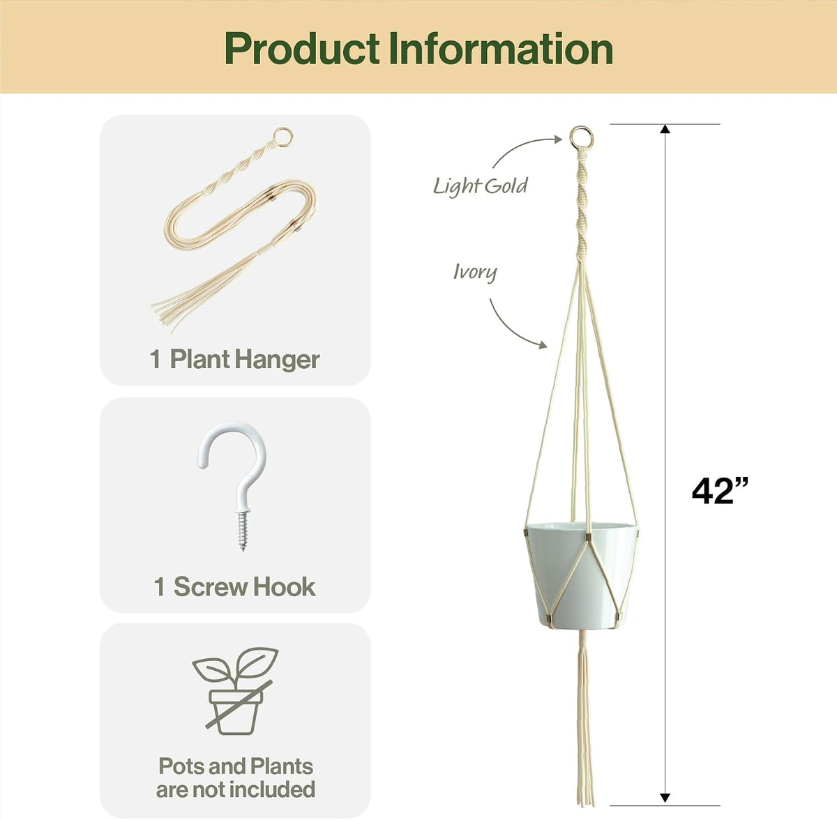 Macrame Plant Hanger Polyester Rope 42 Inch Outdoor Indoor Adjustable Hanging Planter for up to 10 Inch Plant Pot Modern Boho Home Decor (1, Ivory/Light Gold)