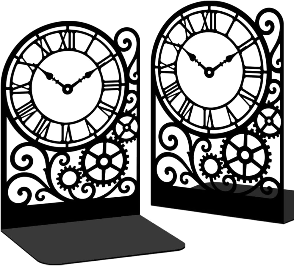 Clock Metal Bookends for Shelves, Timeless Clock Design Book Ends for Bookshelf Decorative Books, Book Ends for Heavy Books Used for Home Office Desk Organizer and Library Decor