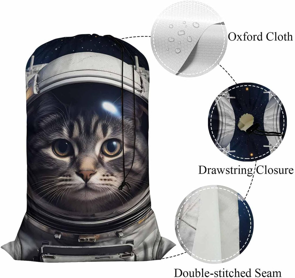 Swono Cat In Outer Space Extra Heavy Duty Laundry Bag, Cute Cartoon Kitten Astronomy Cosmos Dirty Clothes Drawstring Bag with Tear Resistant Fabric, Laundry Liner for Hamper, Space Adventure