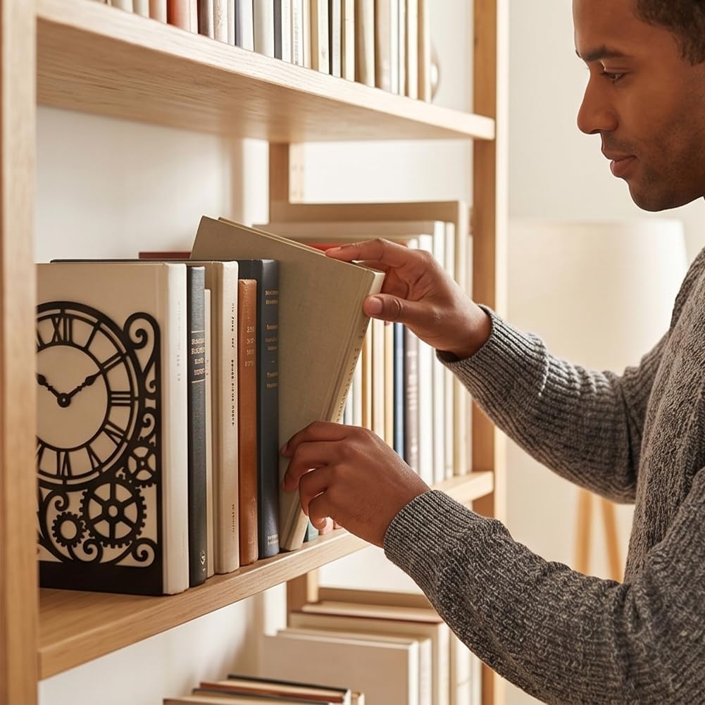 Clock Metal Bookends for Shelves, Timeless Clock Design Book Ends for Bookshelf Decorative Books, Book Ends for Heavy Books Used for Home Office Desk Organizer and Library Decor