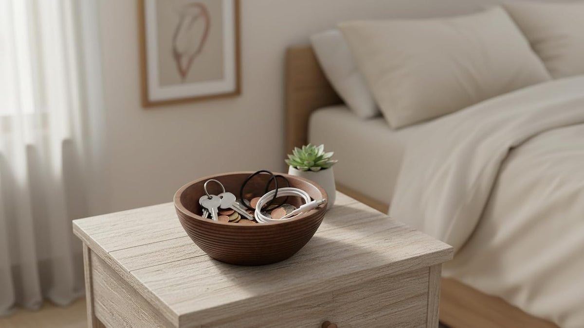 Handmade Wooden Snack Serving & Key Bowl, Decorative Countertop, 7 x 3 Inch
