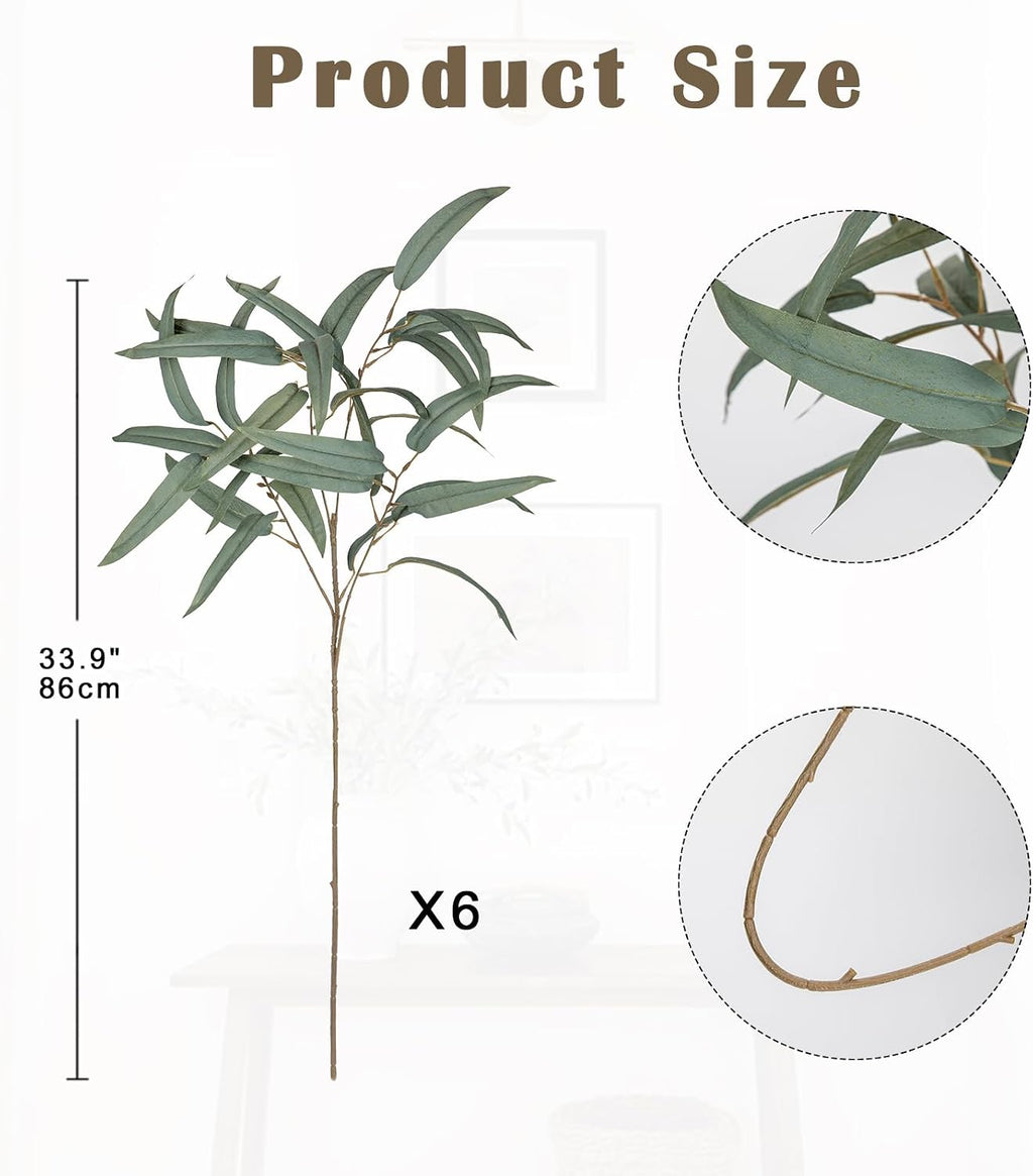 Briful Artificial Eucalyptus Willow Branches 33'' Tall Gray Fake Eucalyptus Stems Arrangement, Realistic Faux Greenery Stems, Indoor Plant, Home Housewarming Farmhouse Porch Vase Decor, Set of 6
