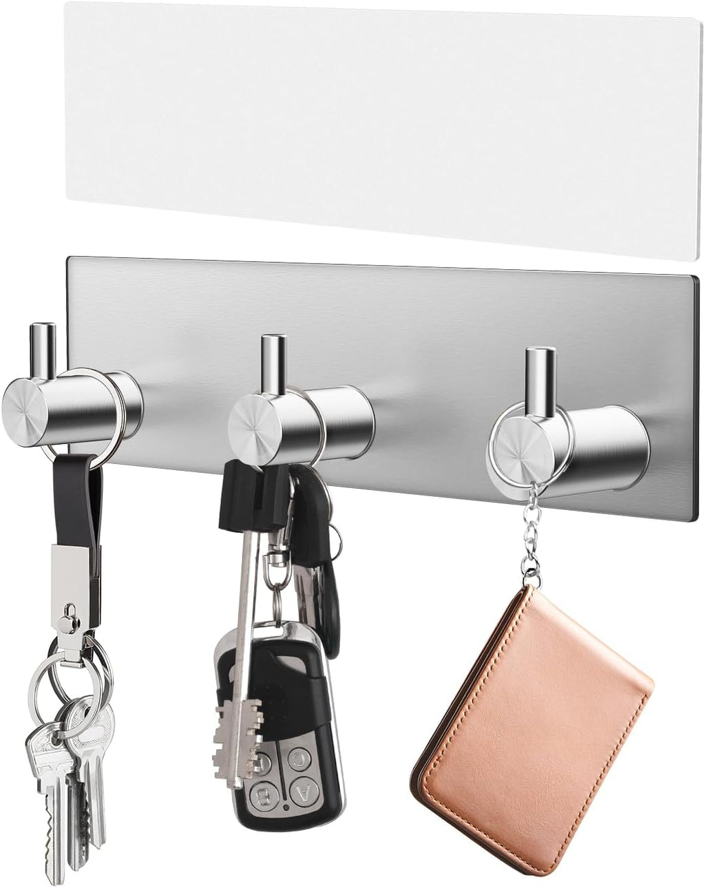 VIS'V Key Holder Wall Mount, Small Adhesive Key Hanger with 3 Hooks, Silver