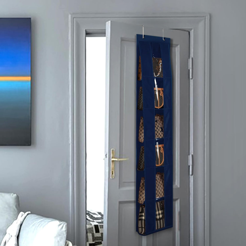 Lirex Over the Door Purse Organizer, Space-Saving Medium and Large Handbag Storage Organizer Clothing Closet Hanger, Navy Blue