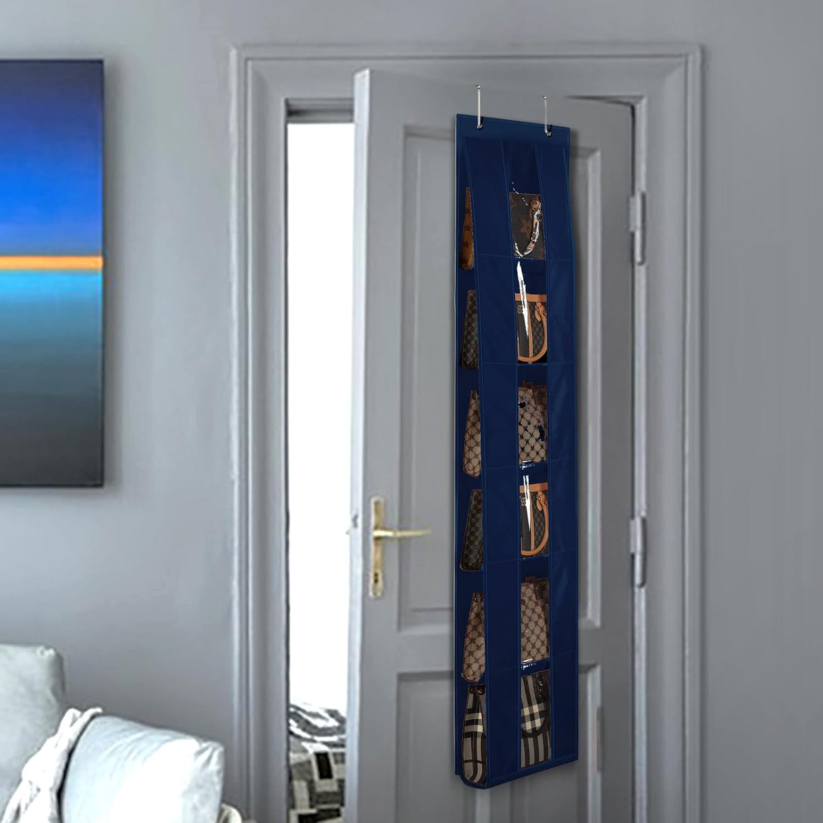 Lirex Over the Door Purse Organizer, Space-Saving Medium and Large Handbag Storage Organizer Clothing Closet Hanger, Navy Blue