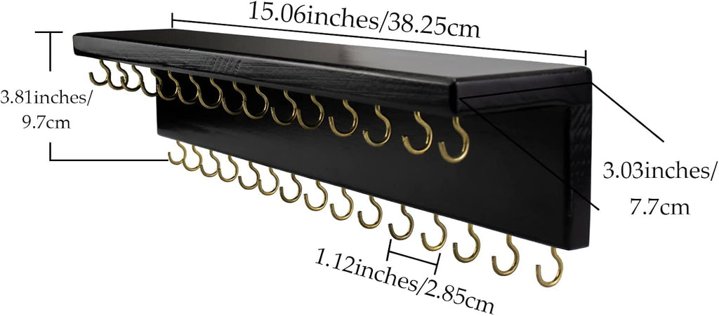 SANY DAYO HOME Black Necklace Holder Jewelry Organizer with 30 Hooks, 15 x 3 x 4 inches Wall Mount Rustic Pine Wood Shelf for Necklace, Hair Bow Storage