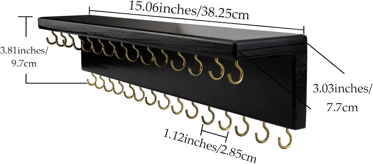 SANY DAYO HOME Black Necklace Holder Jewelry Organizer with 30 Hooks, 15 x 3 x 4 inches Wall Mount Rustic Pine Wood Shelf for Necklace, Hair Bow Storage