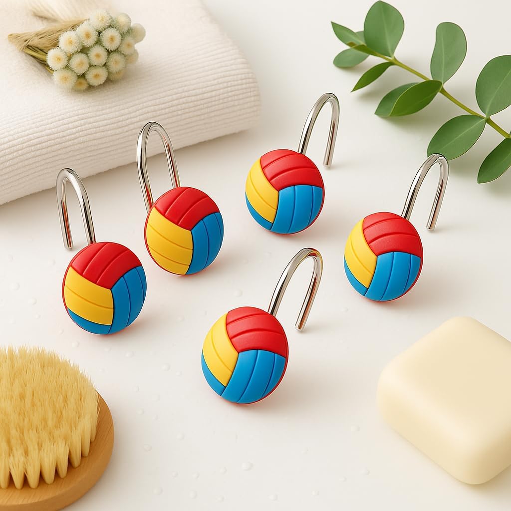 Colorful Volleyball Shower Curtain Hooks Set of 12 - Resin Sports Themed Bathroom Hooks, Fun Decorative Accessories for Sports Fans