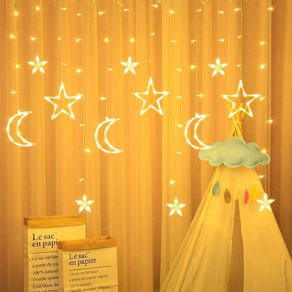 Christmas LED Curtain String Lights - 18FT 12 Drops 138 LED Star Moon Hanging Lights with Remote, 8 Modes, 6H Timer, Waterproof Connectable Window Lights for Indoor Outdoor Holiday Decorations