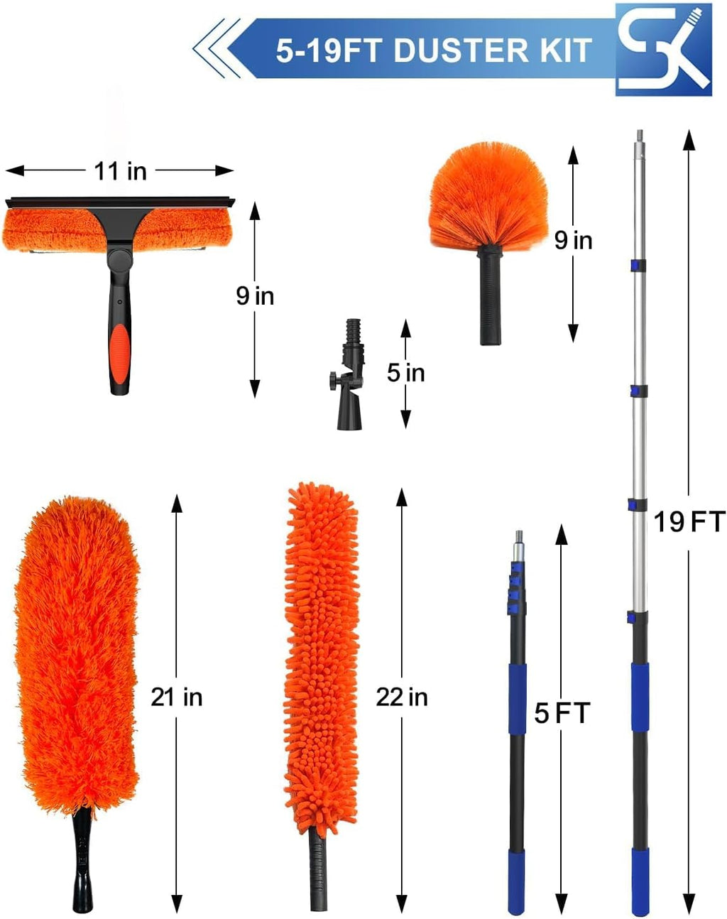 26 Foot High Reach Duster Kit with 5-19 ft Telescoping Extension Pole, High Ceiling Duster, Cobweb Duster, Window Squeegee, Feather Duster, Outdoor & Indoor Extendable Duster Cleaning Kit