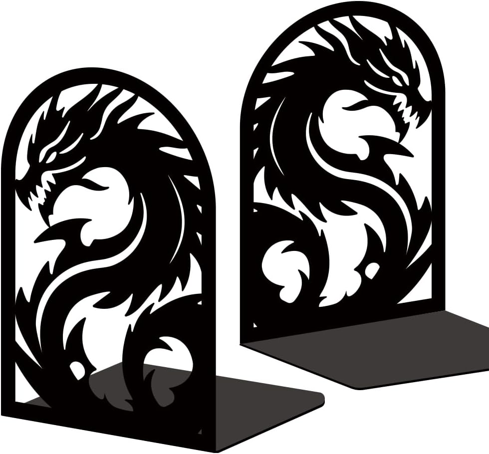 INFUNLY 1 Pair Dragon Book Ends for Shelves Loong Non-Skid Metal Bookshelf Holder Stand Black Book Stopper Support for Desktop 7.1x4.7x3.5 for Home Office Library School Kitchen Decor