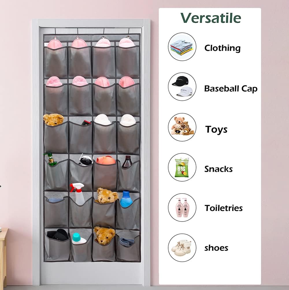 Over The Door Hanging Shoe Organizer Shoe Rack Hanger 24 Large Fabric Pockets Holder with 4 Sturdy Hooks (GREY)