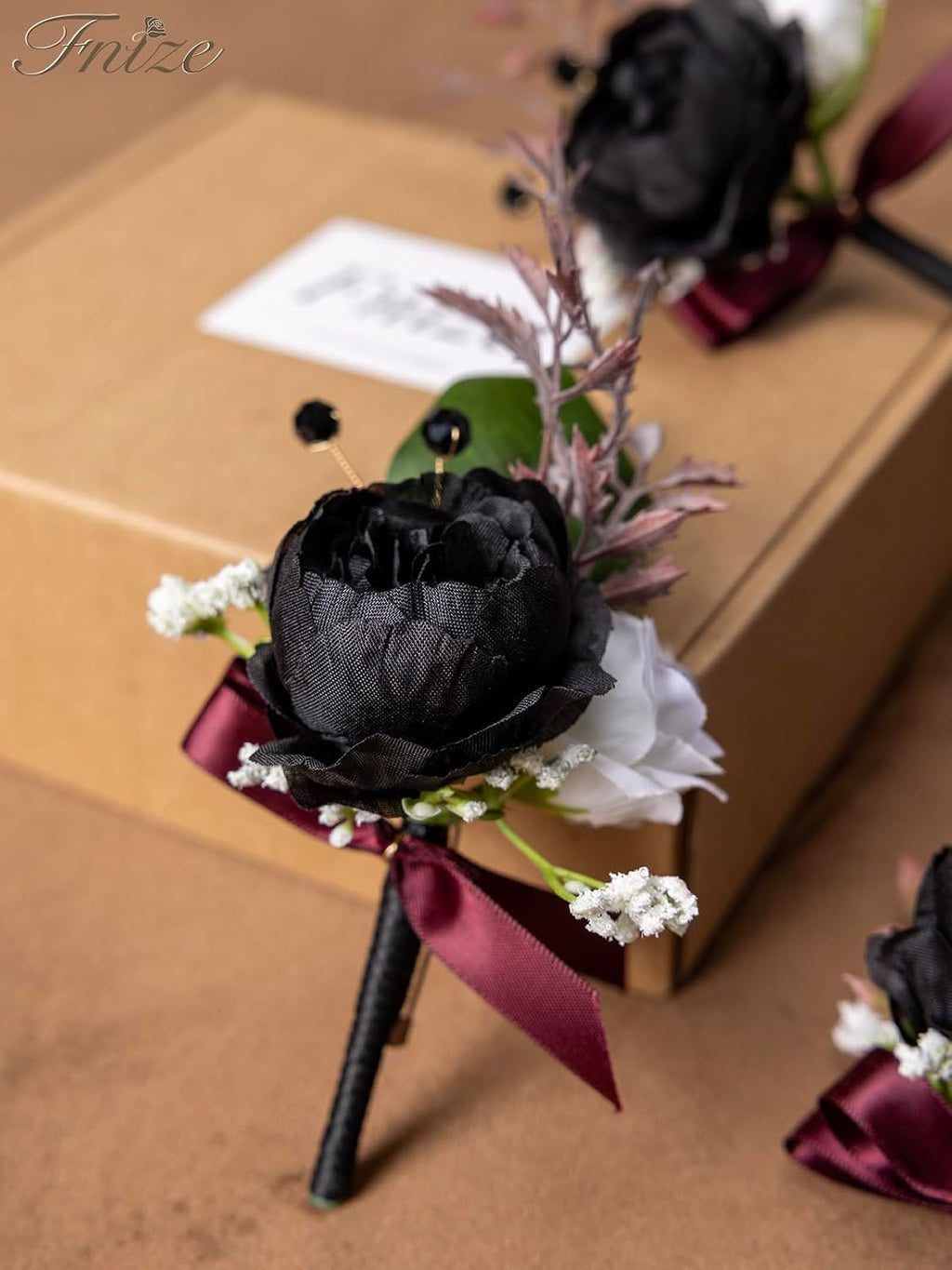 Fnize Boutonniere for Men Set of 6 Groom Groomsmen Wedding, Black & White