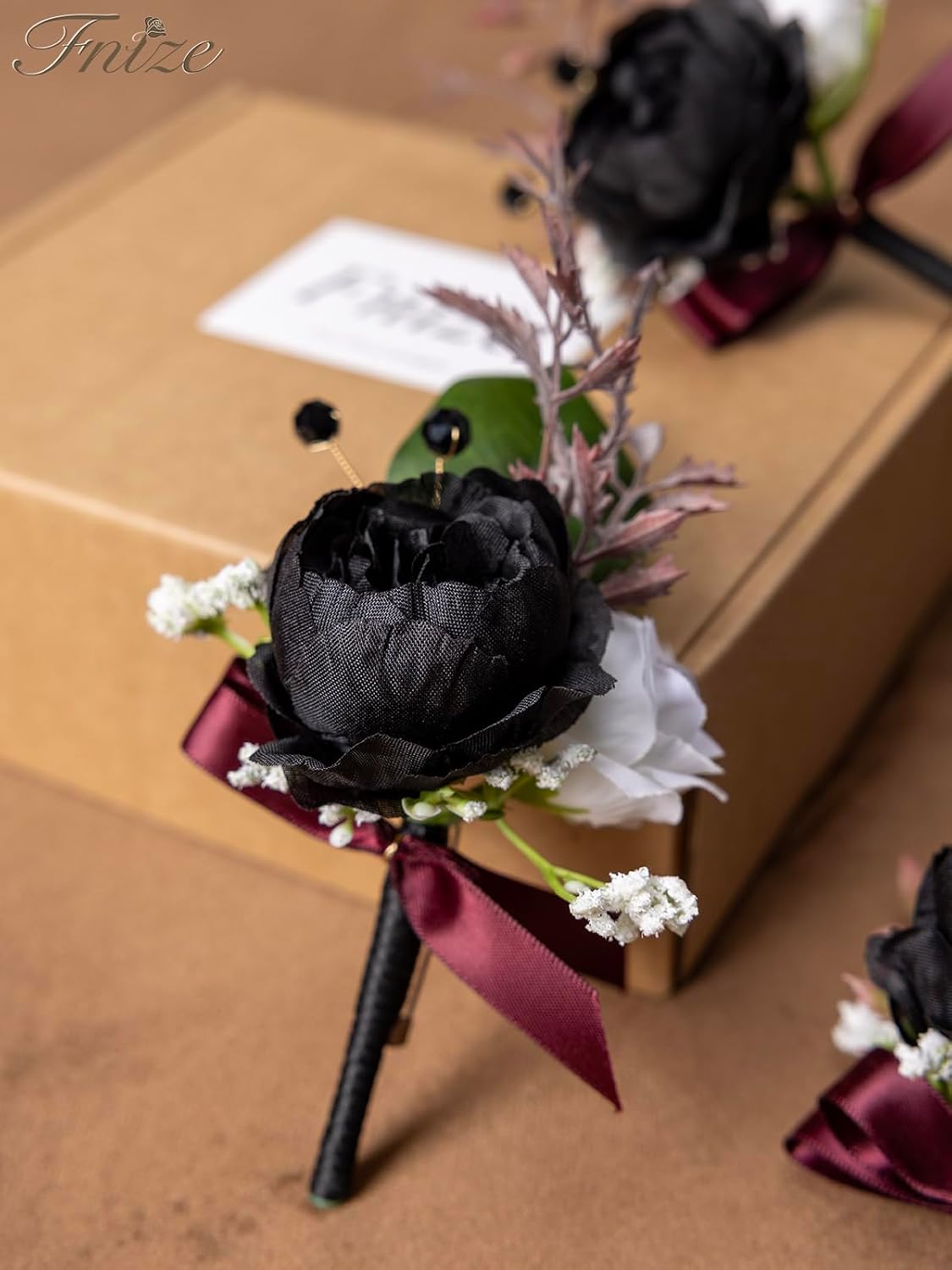 Fnize Boutonniere for Men Set of 6 Groom Groomsmen Wedding, Black & White
