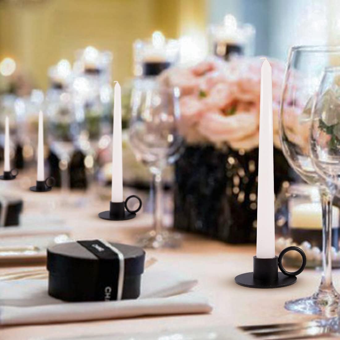 12PCS Black Iron Taper Candle Holders with Round Handle, Table Centerpiece