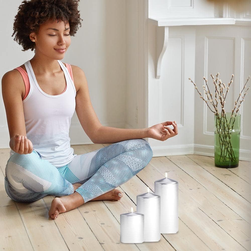 Metallic Cone Top Pillar Candles by Bask - Set of 3-3" x 6" Dripless Unscented Holiday Candles in Metallic Silver for Home Decor, Relaxation & All Occasions