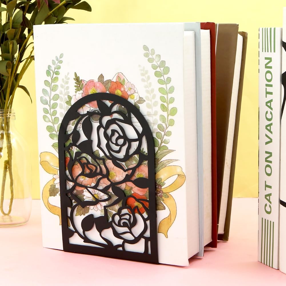 Elegant Rose Bookends Hollow-Out Rose Flower Book Ends Shelves Organizer Metal Book Stands Journal Book Holder Reading Room Decorative Bookends Library Book Stoppers for Office Home School (Black)