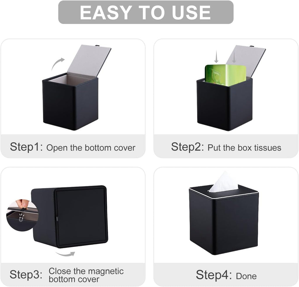 KINGFOM Leather Tissue Box Cover – Square Modern PU Leather Tissue Holder, Cube Tissue Dispenser for Home, Office, Bedroom, Bathroom – Elegant Minimalist Style (Black-Square)